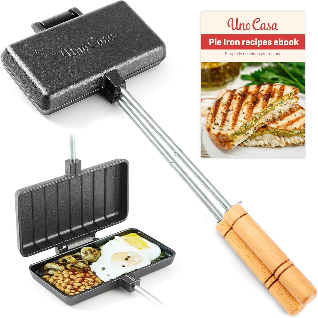 Uno Casa - XL Pie Irons Cast Iron Sandwich Maker - Mountain Japanese Sandwich Maker with Recipe Book - Durable Campfire Cooking Equipment for Toasted Pies, and More