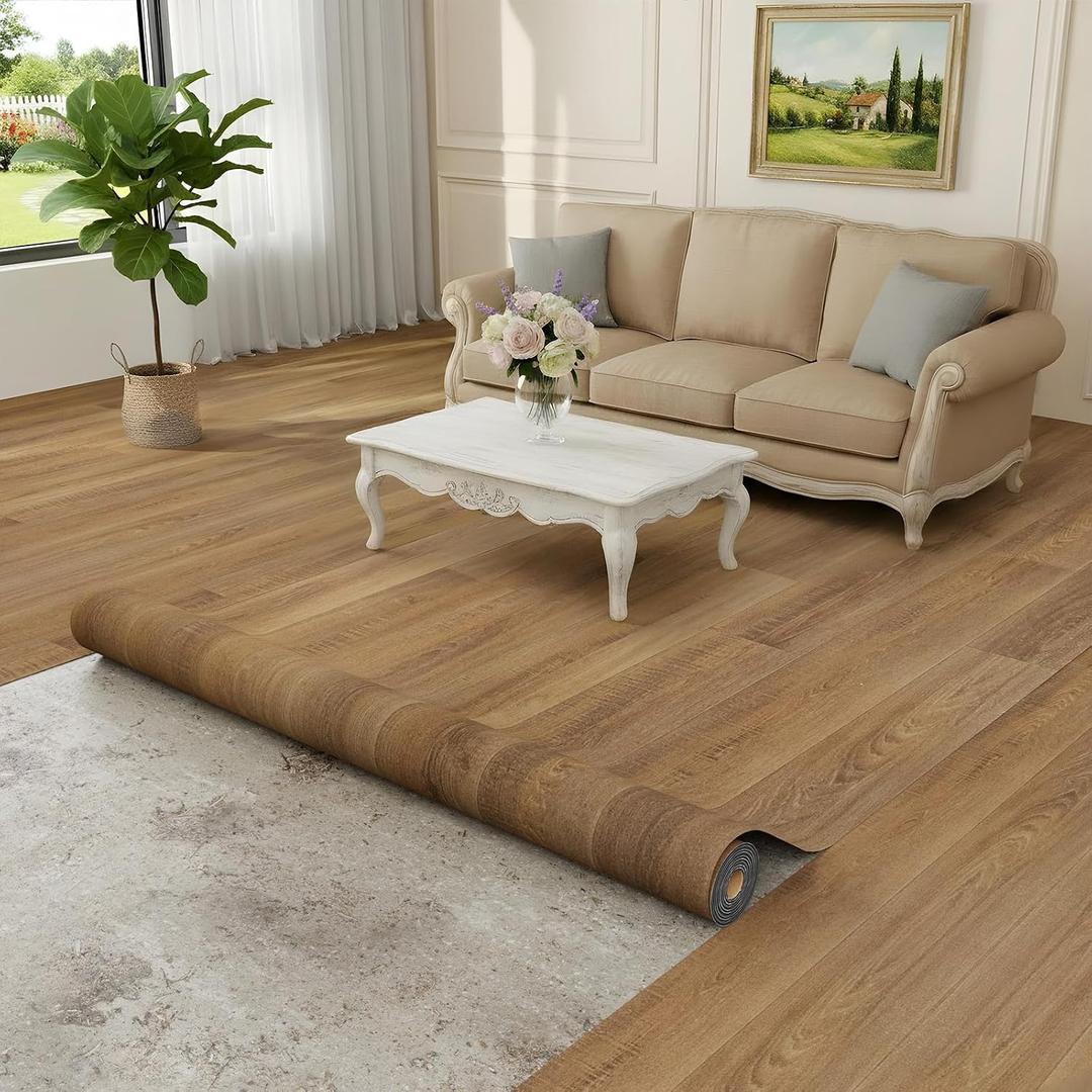 Homease 0.5mm Nature Oak Vinyl Flooring Roll 39.4" x 118" PET Leather-Like Waterproof Wear-Resistant Peel & Stick, Easy DIY Floor Covering for Kitchen Bathroom Rental Home, Durable
