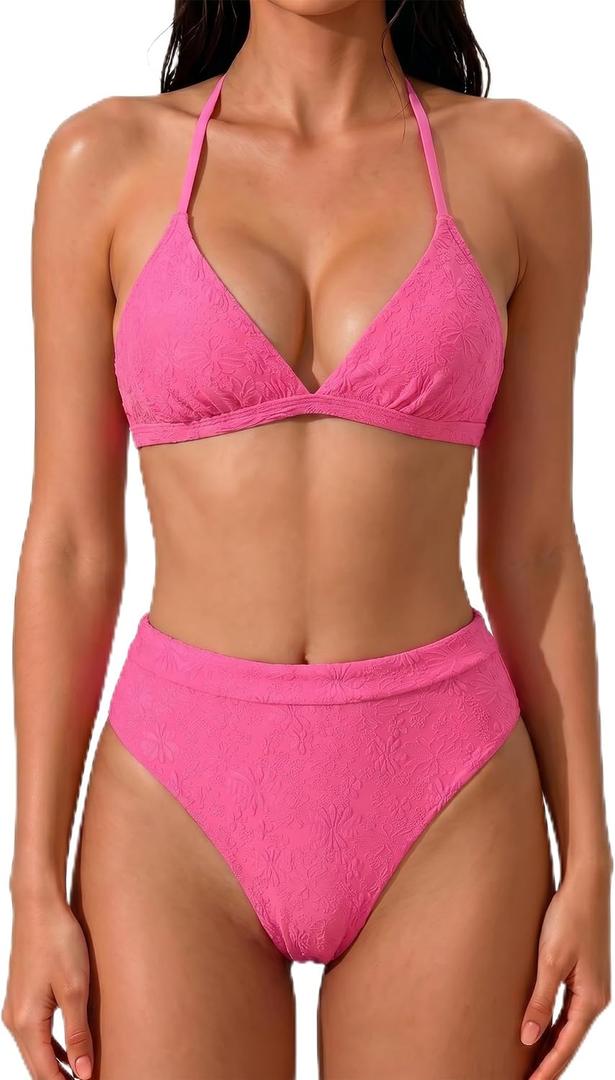 SUUKSESS Women Sexy Cheeky Triangle Bikini Sets Textured High Cut 2 Piece Bathing Suit Crisscross Back Tie Swimsuits V Neck High Waisted Swimwear（Hot Pink, L)