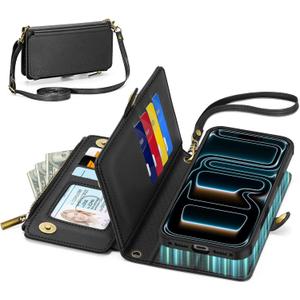 TUCCH Crossbody Detachable Wallet Case for iPhone 17 Pro Max 6.9" 2025, 10 Card Slots RFID Blocking | Wireless Charging | Wrist Strap | Lanyard | Stand | Zipper Pocket | PU Leather Phone Cover | Black