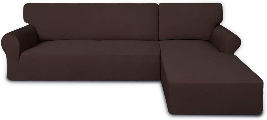 PureFit Super Stretch Sectional Couch Covers - 2 pcs Spandex Non Slip Sofa Covers with Elastic Bottom for L Shape Sectional Sofa Couch, Great for Kids & Pets3 Seat Sofa + 3 Seat Chaise, Chocolate