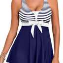 Aleumdr Women's Tankini Bathing Suits Two Piece Tummy Control Swim Dress High Waist Boyshort Printed Padded Swimsuit with Pockets Blue Stripe XX-Large