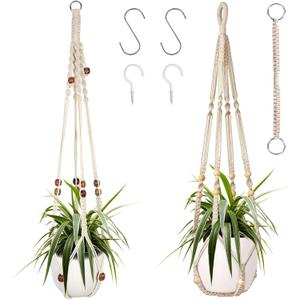 Augshy Macrame Plant Hanger, 2Pcs Hanging Plant Holder with Extender Plant Hangers for Indoor Outdoor Decor Macrame Hanging Planter Basket with 4 Hooks