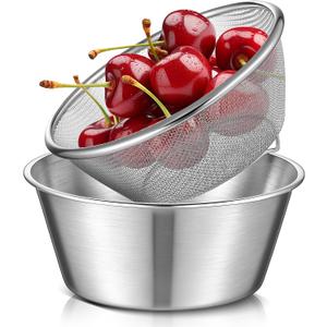 Baderke 2 Pcs Mini 304 Stainless Steel Colander Strainer with Mixing Bowl for Kitchen Cooking Fruit Washing Vegetable (6.3 x 2.76 Inches)