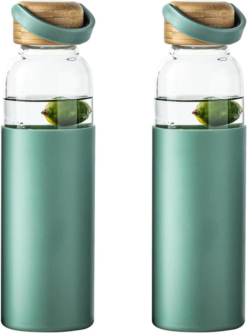 21oz Borosilicate Glass Water Bottle with Non-Slip Sleeve & Leak-Proof Lid-Reusable Drink Bottle for Office,Travel,Gym,Hiking-Ideal Gift for Home,Car & Fitness Enthusiasts (2pcs Green)