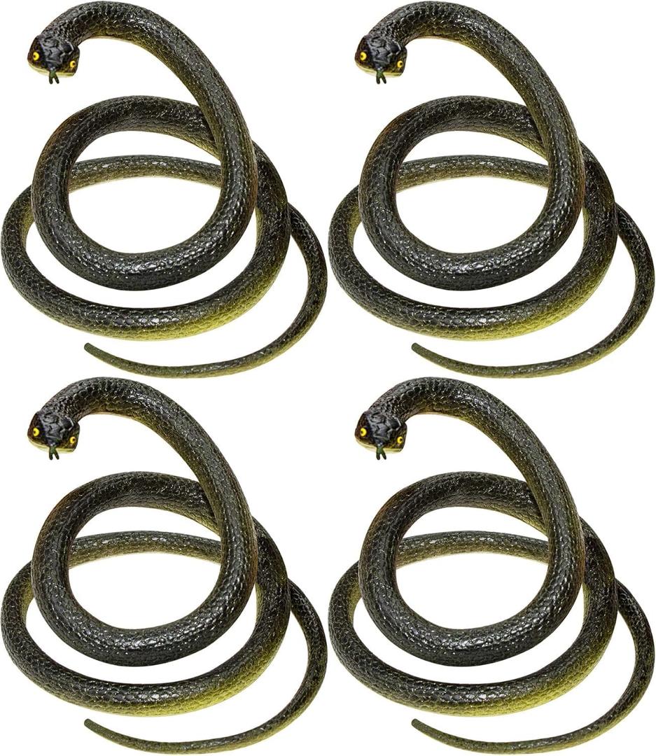 Fake Snake Soft Rubber Snake Toy, 4 Pieces Realistic Plastic Snakes for Garden to Keep Birds Away, Novelty Toys for Playing Jokes Prank Stuff Props for Halloween April Fools Party Favor