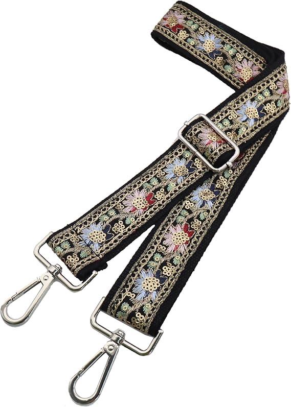 LVYOUME Crossbody Straps for Purses Silver Hardware Purse Strap Wide Shoulder Strap Adjustable Replacement, Retro Jacquard Embroidery for Shoulder Bags