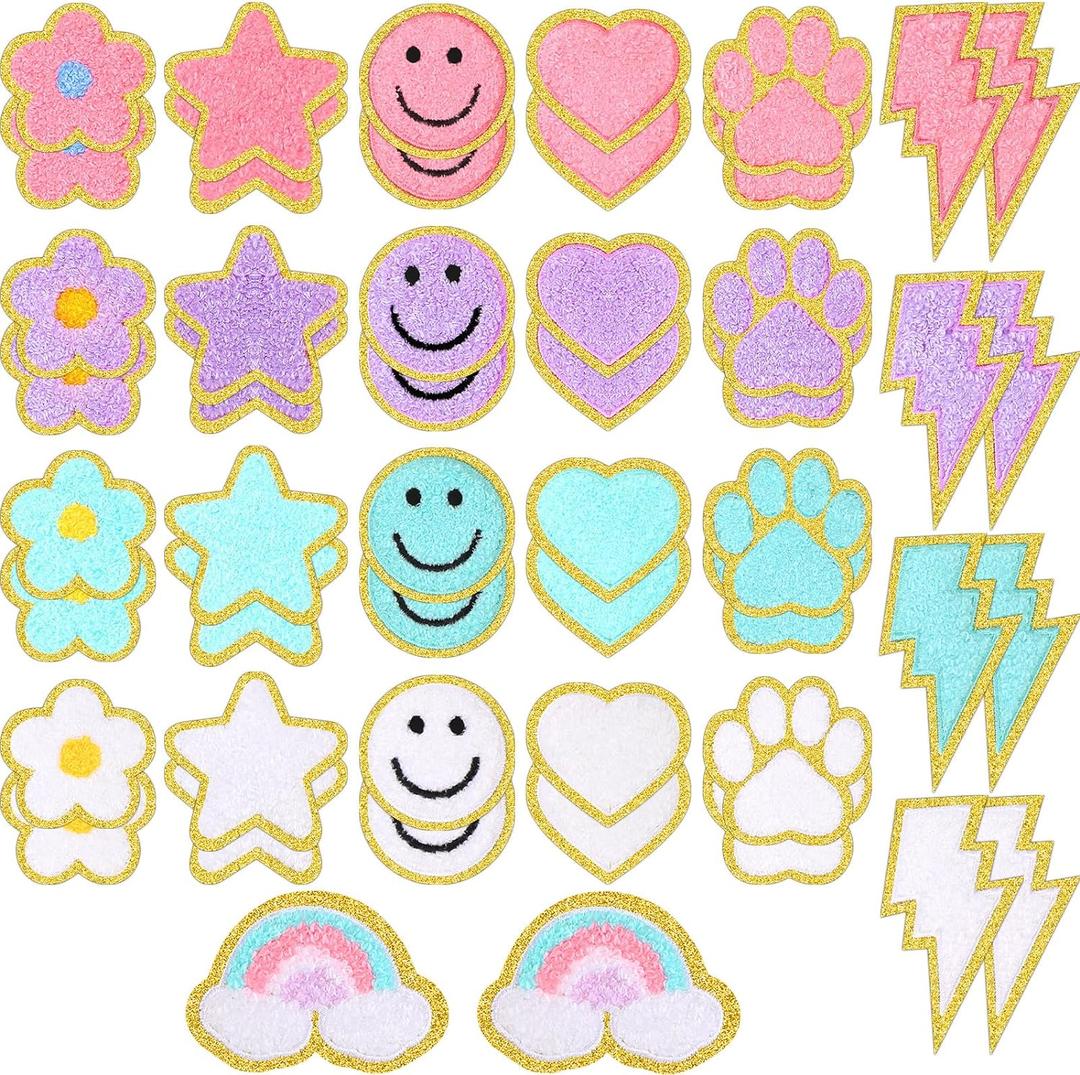 Yilloog 50 Pcs Self Adhesive Chenille Patches Paw Print Smile Face Heart Patch Preppy Sticker Chenille Rainbow Sew on Sticker for Jackets Jeans(Cute Style, Macaron Color)