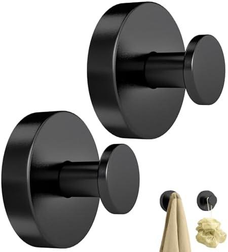 STWWO Suction Cup Hooks for Shower, Heavy Duty Towel Hooks for Bathroom Walls No Damage, Modern Shower Suction Hooks for Kitchen Wall, Glass, Mirror, Tile, Hanging Towels Robes, Black (2 Pcs) pack of 2