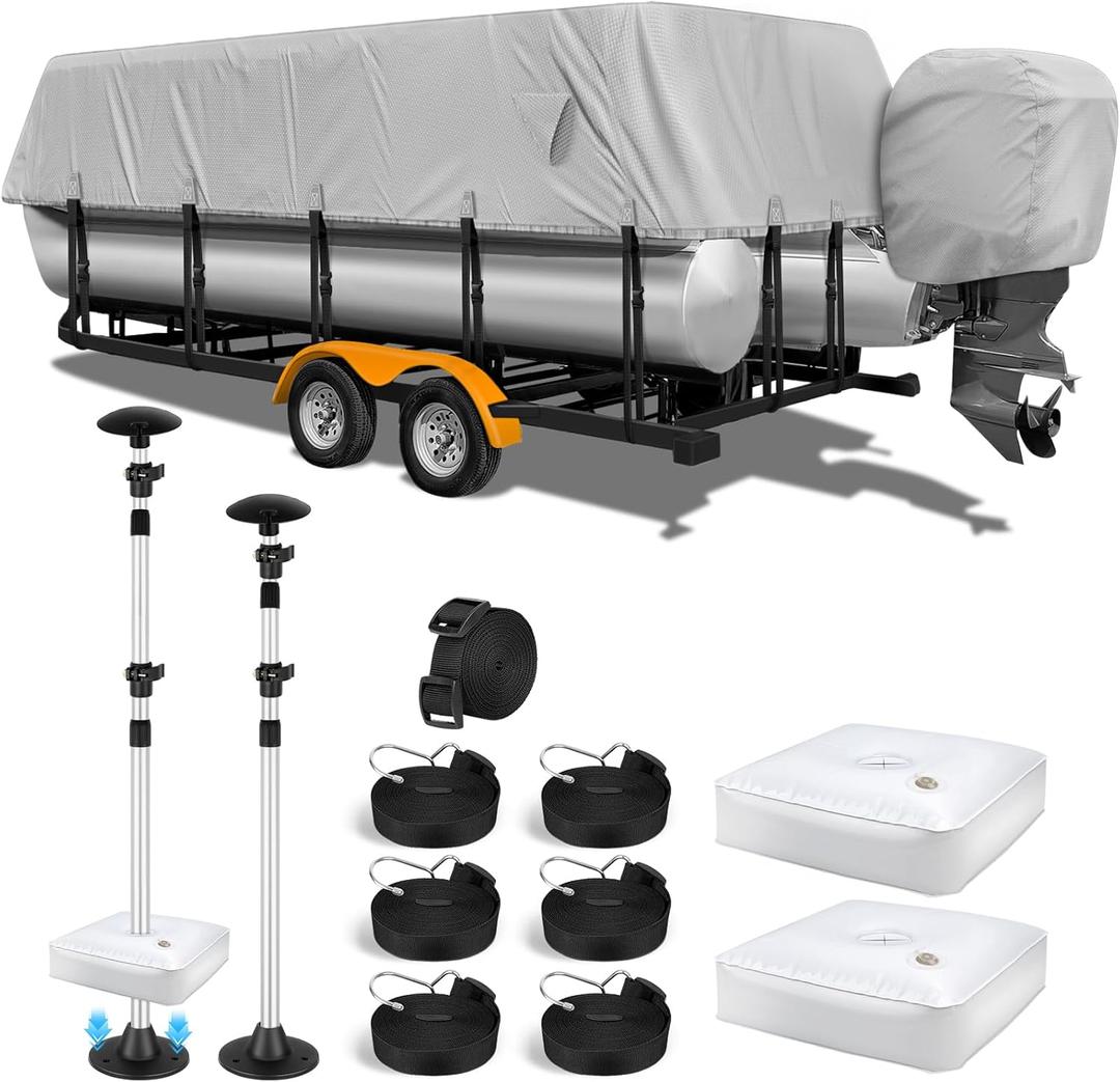 1200D Pontoon Boat Cover with Support Poles 2 Pack, Heavy Duty Pontoon Boat Cover, 21-24 ft Boat Cover for Pontoon with Motor Cover, Adjustable 16 Tie Down Straps,Light Gray