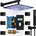 Enga Thermostatic Shower Jets System (Run All Features At Once), 12 Inch LED Rain Shower Wall Mounted with 6 Body Spray Jets and Handheld Shower, Contain Brass Thermostatic Shower Valve, Matte Black