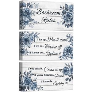 WELMECO Bathroom Art Bathroom Rules Wall Decor Rose Floral Painting Prints Farmhouse Wall Decor Signs, Framed 6x12inchx3Pieces (Blue)