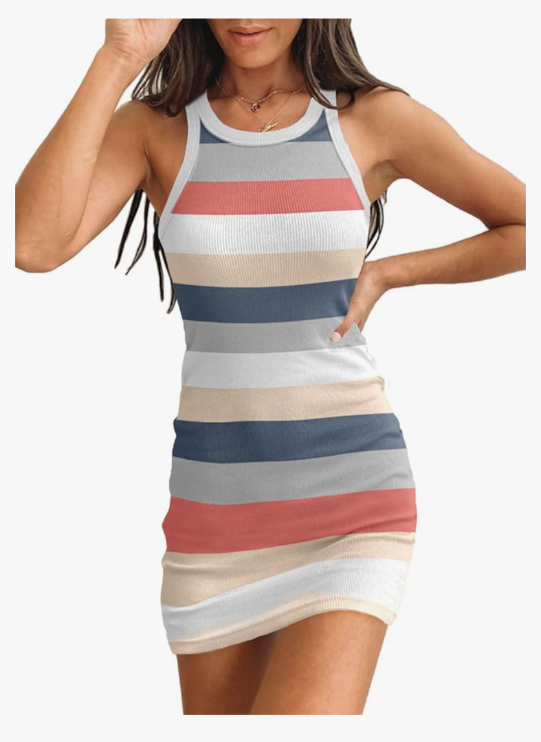 Samefar Womens Ribbed Scoop Neck Sleeveless Tank Dresses Basic Bodycon Mini Dress, Multicolor, S