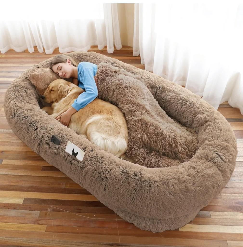 Human Dog Bed, Large Dog Beds for Humans Size Fits You and Pets, Washable Faux Fur Orthopedic Human Pet Bed for People Doze Off, Napping, Present Pillow, Blanket, Strap - Khaki