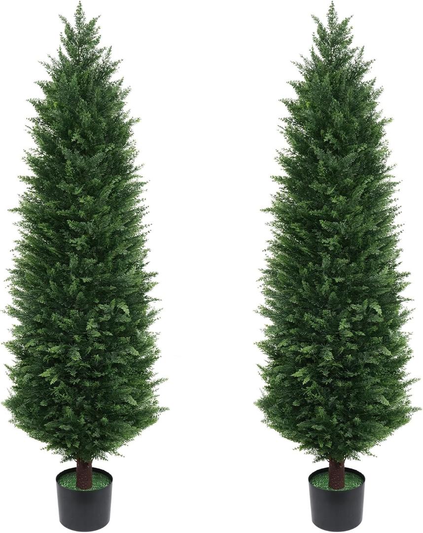 Artificial Topiary Cedar Trees, 2 Pack 5FT Artificial Cedar Pine Tree, Set of 2 Potted UV Rated Plant Fake Plants Tall Artificial Plants Shrubs for Indoors Outdoors (60IN/5FT, Split-type Design)