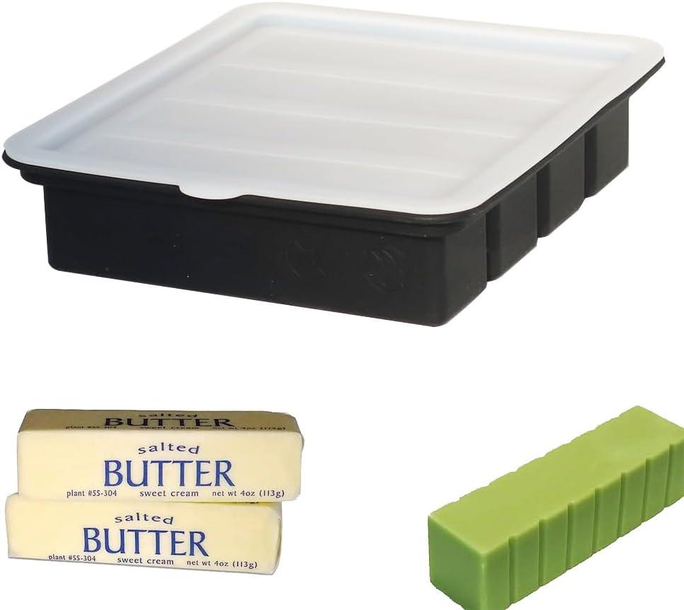 Silicone Butter Mold with Lid - Non-Stick Butter Tray for Making 4 Butter Sticks - Silicone Butter Mould Container Forms for Making Herb Butter Candles Baking Cookies-Smart Kitchen Gadget (Black)