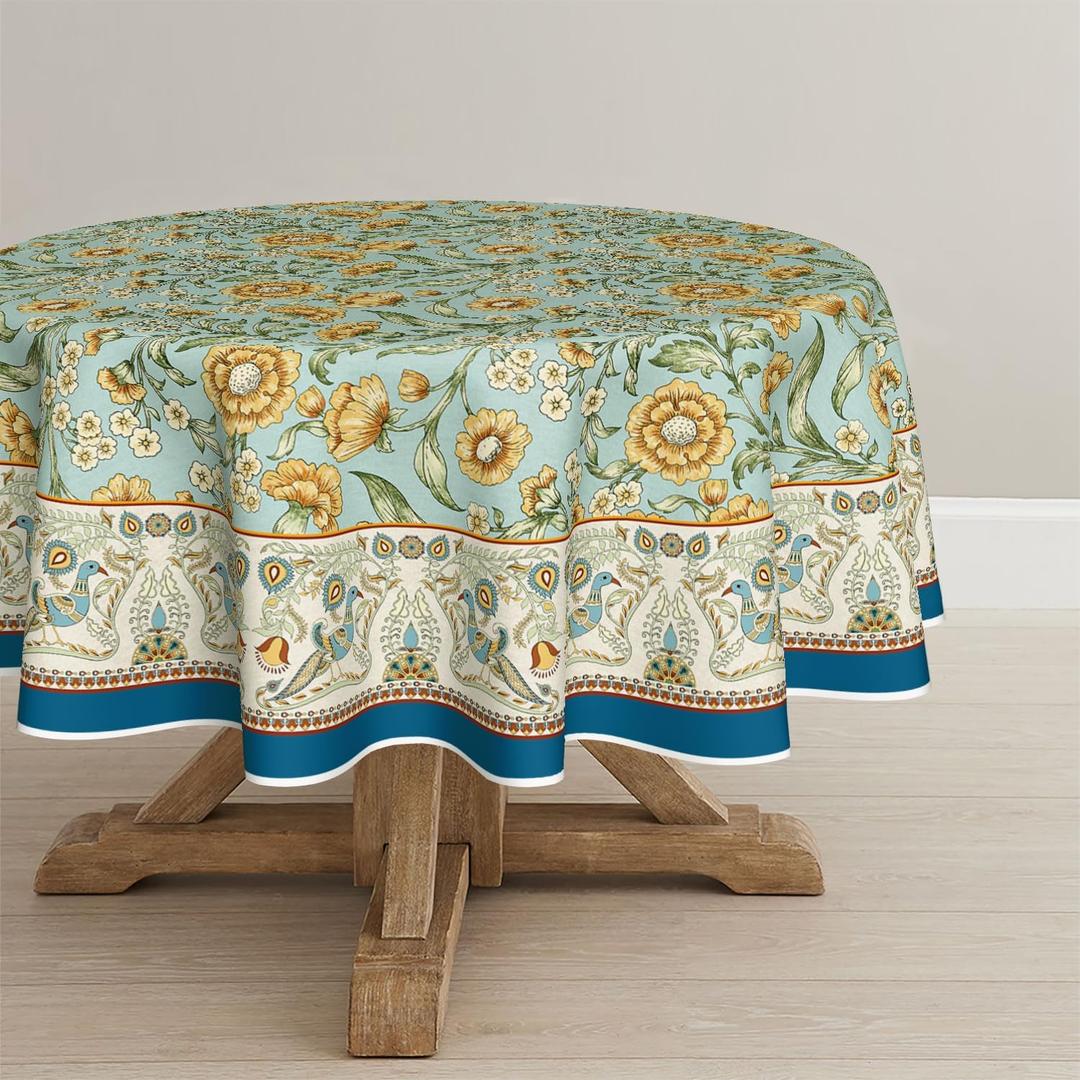Horaldaily Floral Bordered French Tablecloth 9090 Inch Round, Bird Floral Vintage Washable Seasonal Table Cover for Party Picnic Dinner Decor