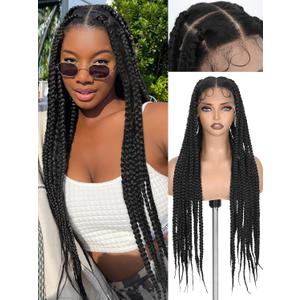 FAVE Braid Wigs for Black Women HD Full Lace Jumbo Braided Wig 32 Inches Synthetic Box Braid Wig With Baby Hair 100% Handmade Knotless Braided Wigs for Daily Use (1B)
