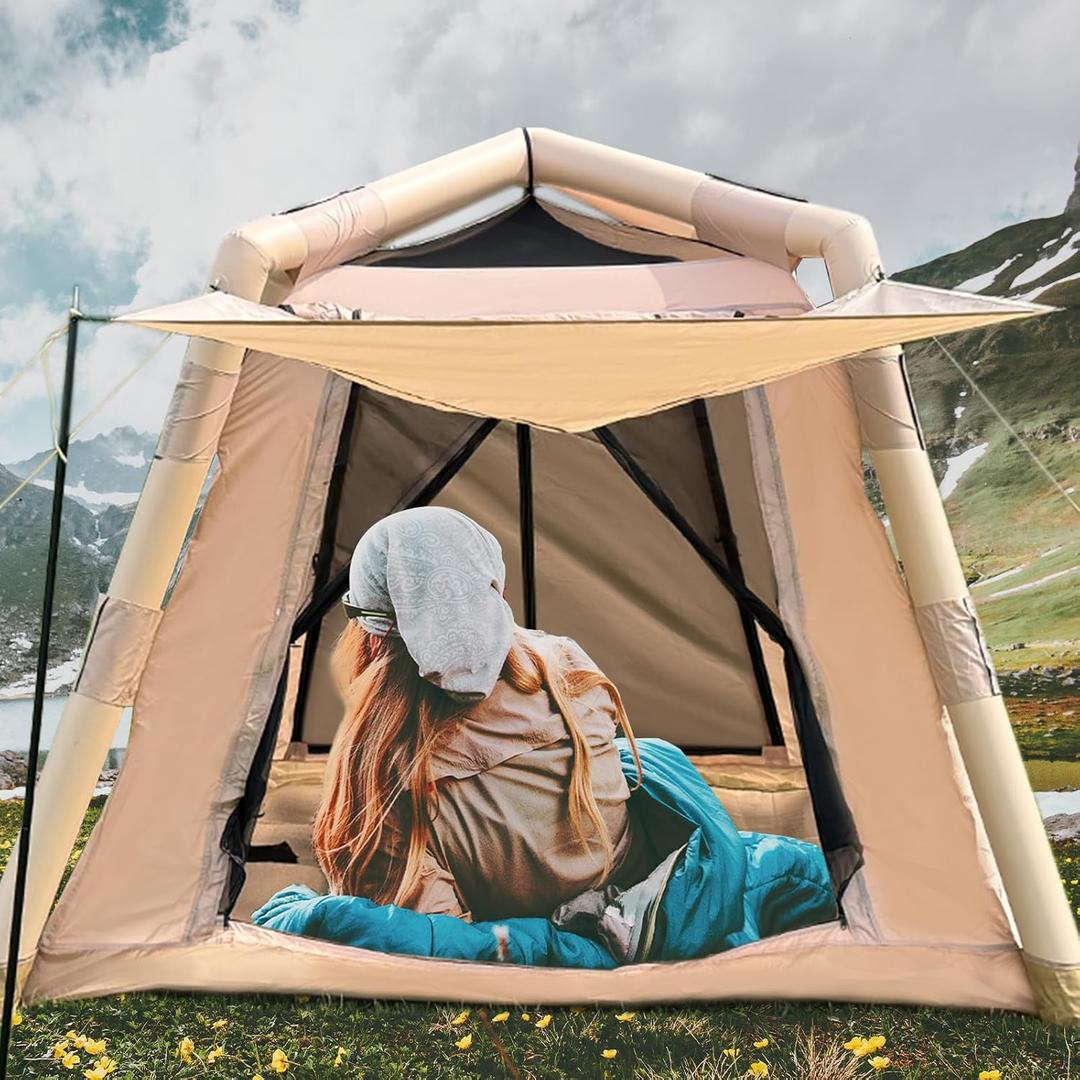 JUST-V Inflatable Camping Tent Waterproof Oxford Air Glamping Tents for Camping Adult 2-4 Person Outdoor Air Blow Up Tent with Hand Pump, 86.61 inches x 86.61 inches x 67"