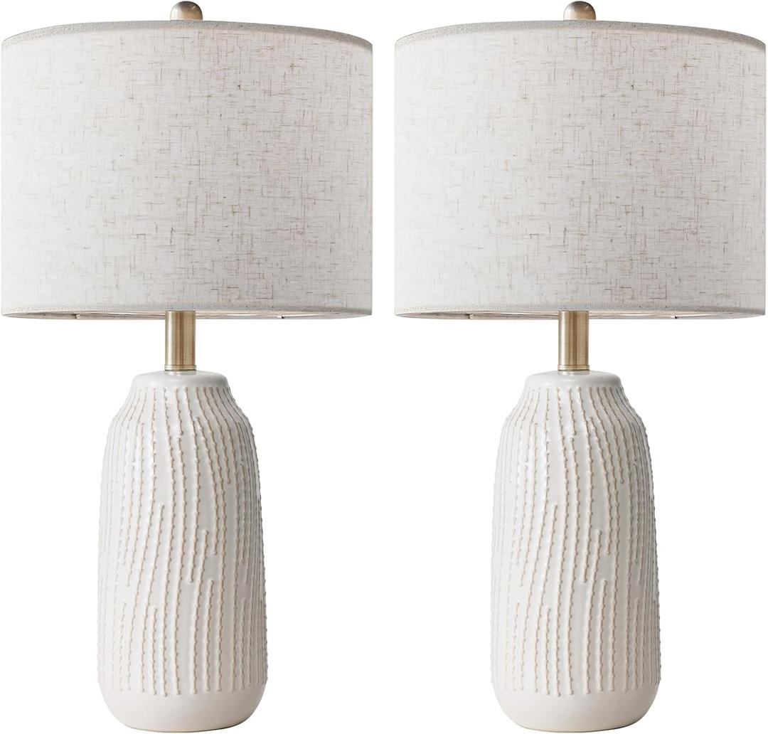23 Inch Ceramic Table Lamp Set of 2, 3-Way Dimmable Bedside Lamps with Linen Shade for Bedroom Farmhouse, White Nightstand Lamps for Living Room Office, Polished Finish, LED Bulb Included