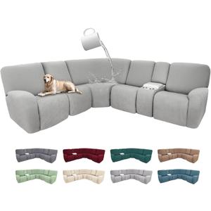 100% Waterproof Sectional Recliner Couch Covers for Reclining Couch L Shaped Corner Sectional Sofa Cover Jacquard Stretch L Shape Recliner Slipcovers (5 Seater 1 Console Cover, Cloud Grey)