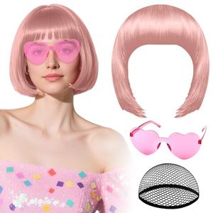 PLULON Lovely Pink Bob Wig with Heart Sunglasses Hair Cap, Colorful Short Bob Wigs Synthetic Party Wigs Funny Cosplay Hairpieces for Women Men Daily Bachelorette Halloween Costume Party Decorations
