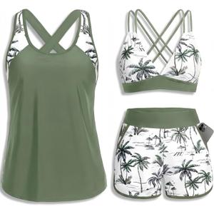 Daci Women 3 Piece Tankini Swimsuits - Tummy Control Tank Top with Bra Modest Bathing Suit with Pockets Boyshorts Bottom 2026 (Medium, Green Palm Tree)