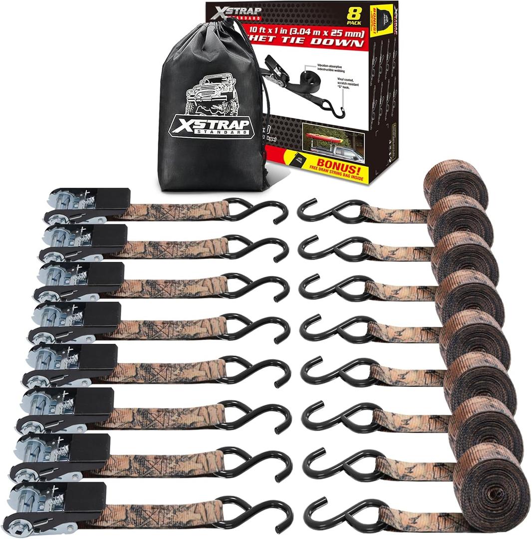 XSTRAP STANDARD Ratchet Straps, 900 LB Break Strength, 8-Pack 10FT Ratchet Tie Down Straps Set for Motorcycle Straps Tie Downs, Appliances, Lawn Equipment, Logistic Cargo Straps for Trucks(Camouflage)