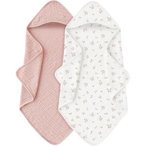 Muslin Baby Towels with Hood for Newborn 100% Cotton Baby Bath Towels Soft & Absorbent Hooded Baby Towel for Boys and Girls, Large Size - 32 * 32 Inches (Pink Blossom)