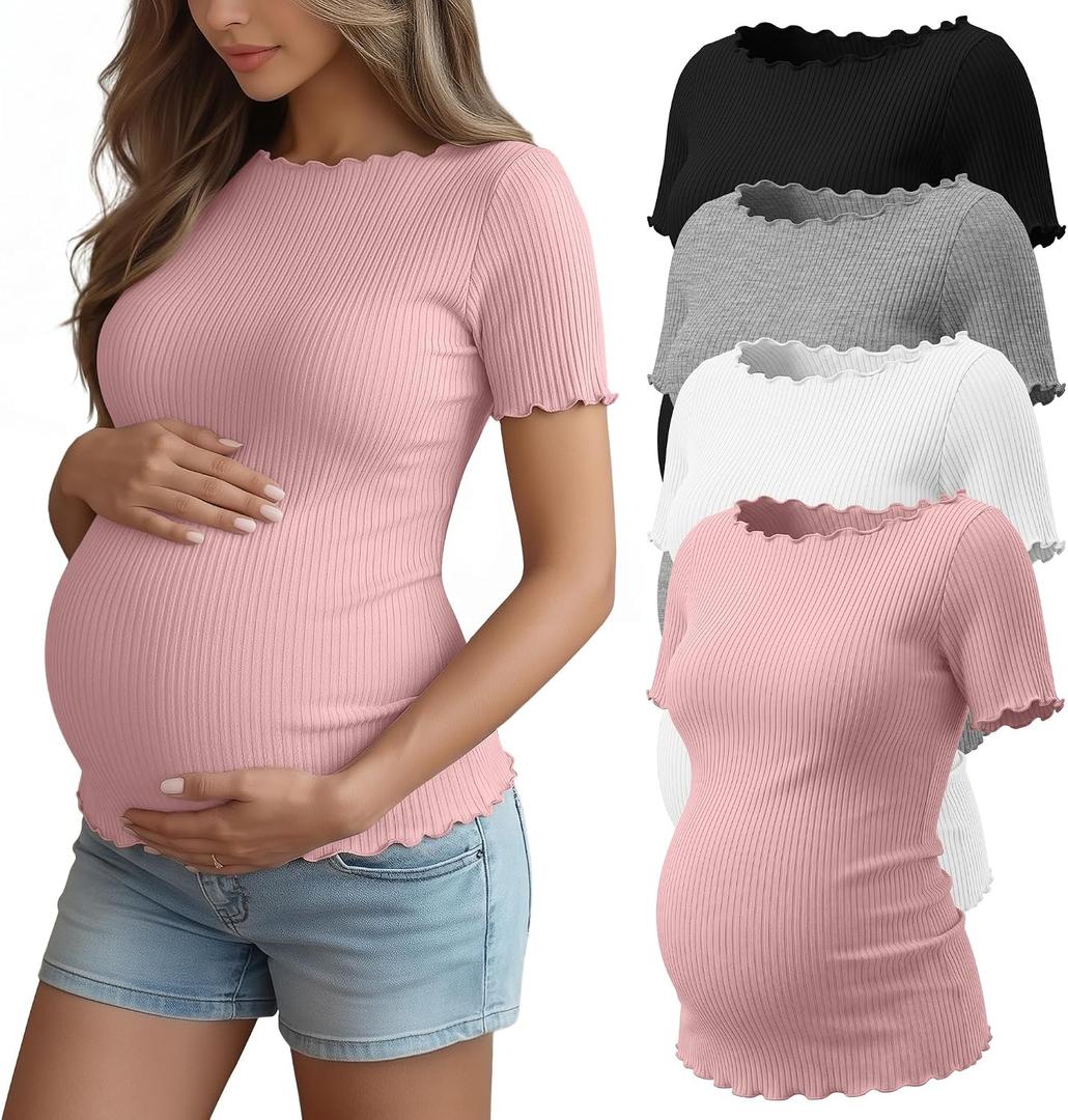 4 Pack Women's Maternity Ribbed Shirts Pregnancy Knit Short Sleeve Tops Boat Neck Lettuce Trim Summer Mama Clothes (White, XXL)