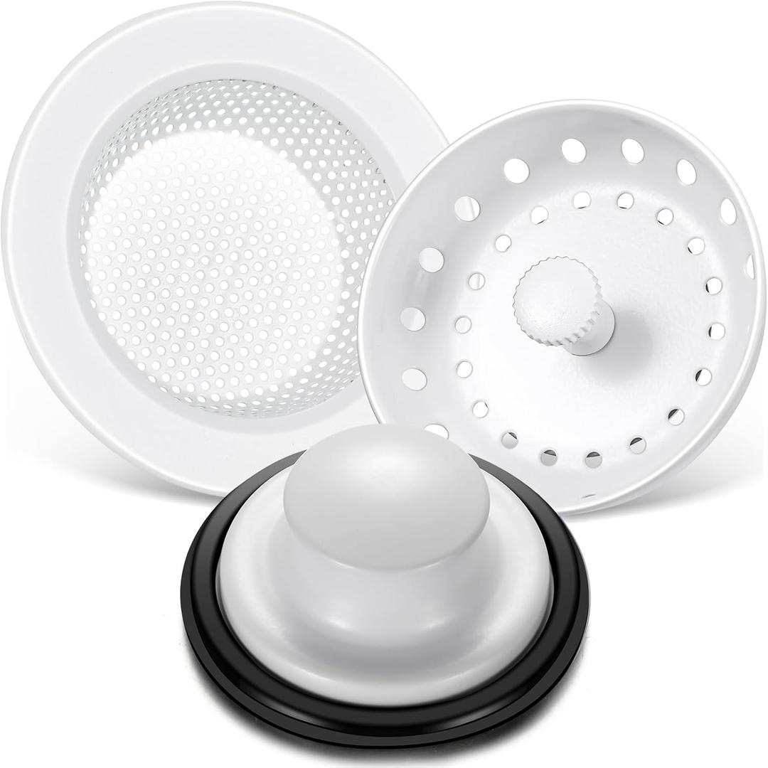 Mudder 3 Pcs Kitchen Sink Drain Strainer and Stopper Stainless Steel Garbage Disposal Plug with Handle Universal Anti-Clogging Kitchen Sink Filter Sieve Basket Strainer(Porcelain White)