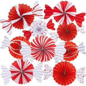 9PCS Christmas Hanging Paper Fans Candy Party Decorations Paper Christmas Decorations Candy Hanging Paper Decorations for Indoor Holiday Xmas Classroom Wall Dcor