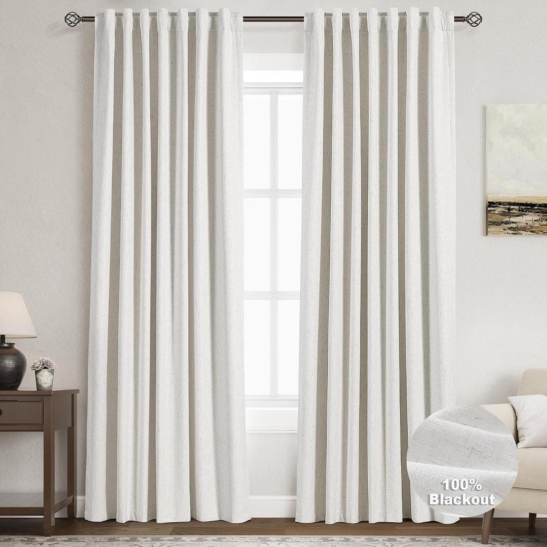 Nanspring 100% Blackout Linen Curtains 84 Inch Length 2 Panels Set for Bedroom Cream Ivory Black Out Curtain for Living Room Back Tab Neutral Boho Modern Farmhouse Decor Natural Luxury Drapes 52x84