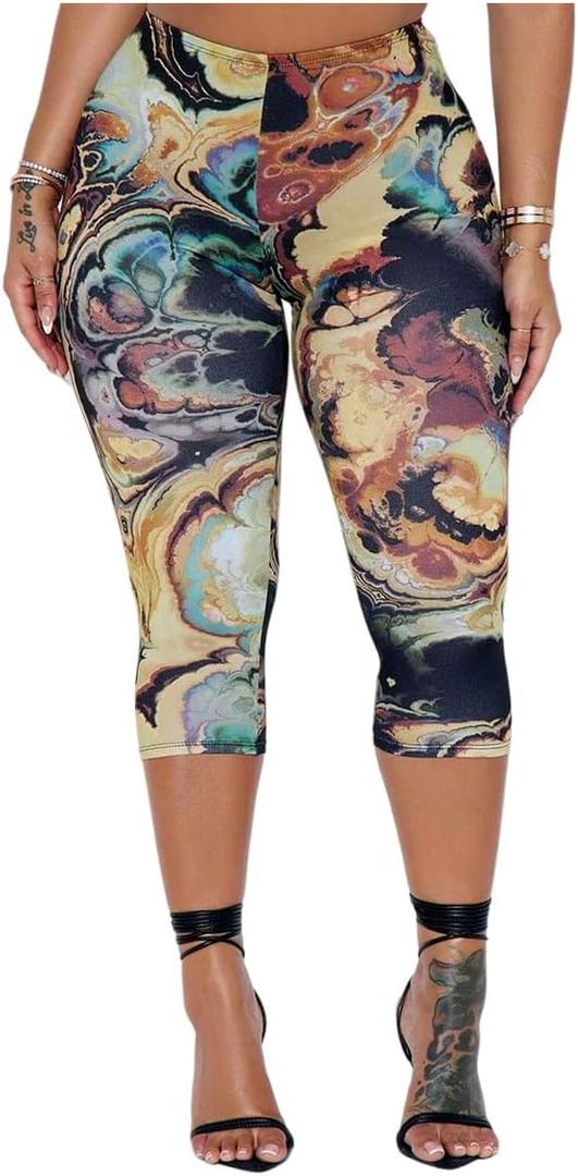 GORGLITTER Women's Marble Print Capri Leggings High Waisted Yoga Cropped Pants (Large, Multicolor)