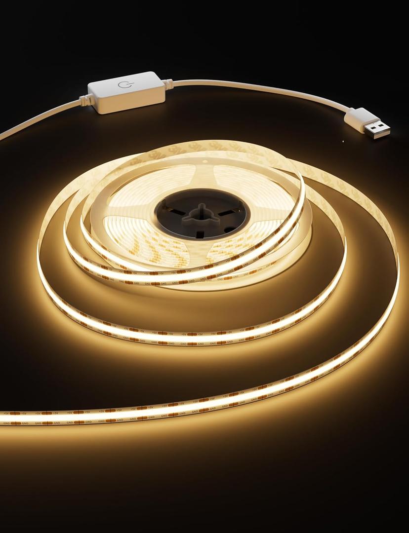 MIWISE LED Strip Lights USB 5V,Super Bright COB LED Strip Light 2700K Warm White with Touch Dimmer Switch,CRI90+ Flexible Dimmable Tape Lights,for Makeup Mirror,Under Cabinet,3D Printer,Sewing Machine (2m)