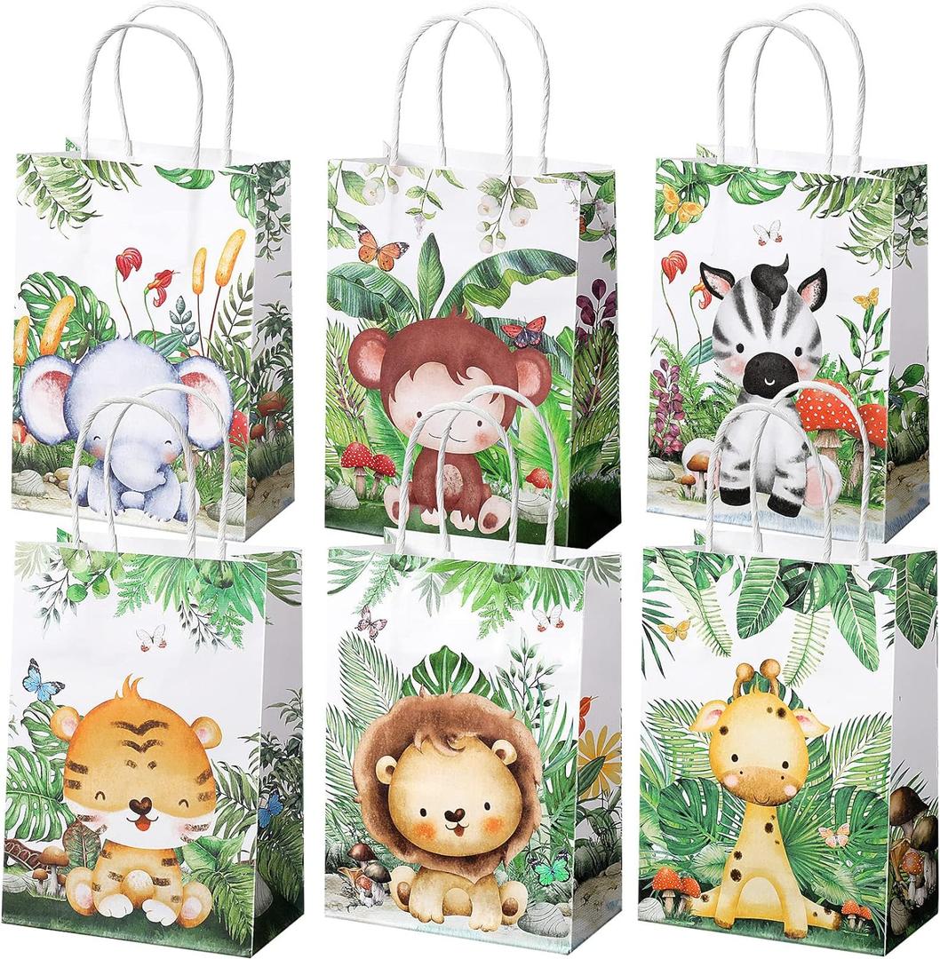 TaoBary Safari Party Favors Animal Goodie Treat Bags with Handles Lion Tiger Elephant Monkey Giraffe Gift Bags for Kids Safari Themed Party Birthday Baby Shower Supplies(24 Pcs,Watercolor Style)