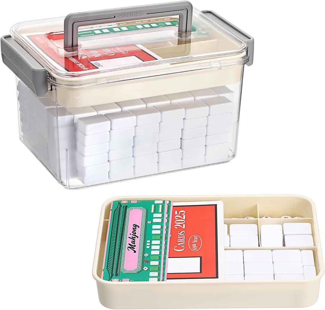 Mahjong Case Only, Empty Mahjong Tiles Storage Box with Removable Tray, Plastic Mahjong Tile Holder for 160-200 Tiles, Large Capacity Game Accessories Organizer for Home Party Gatherings