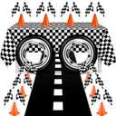 24 Pcs Race Car Theme Birthday Party Supplies, 8 Pcs Traffic Cones, 12 Black and White Checkered Flags, 2 27.5" Inflatable Tire Tubes, Black Floor Runner, Checkered Tablecloth(Classic Style)