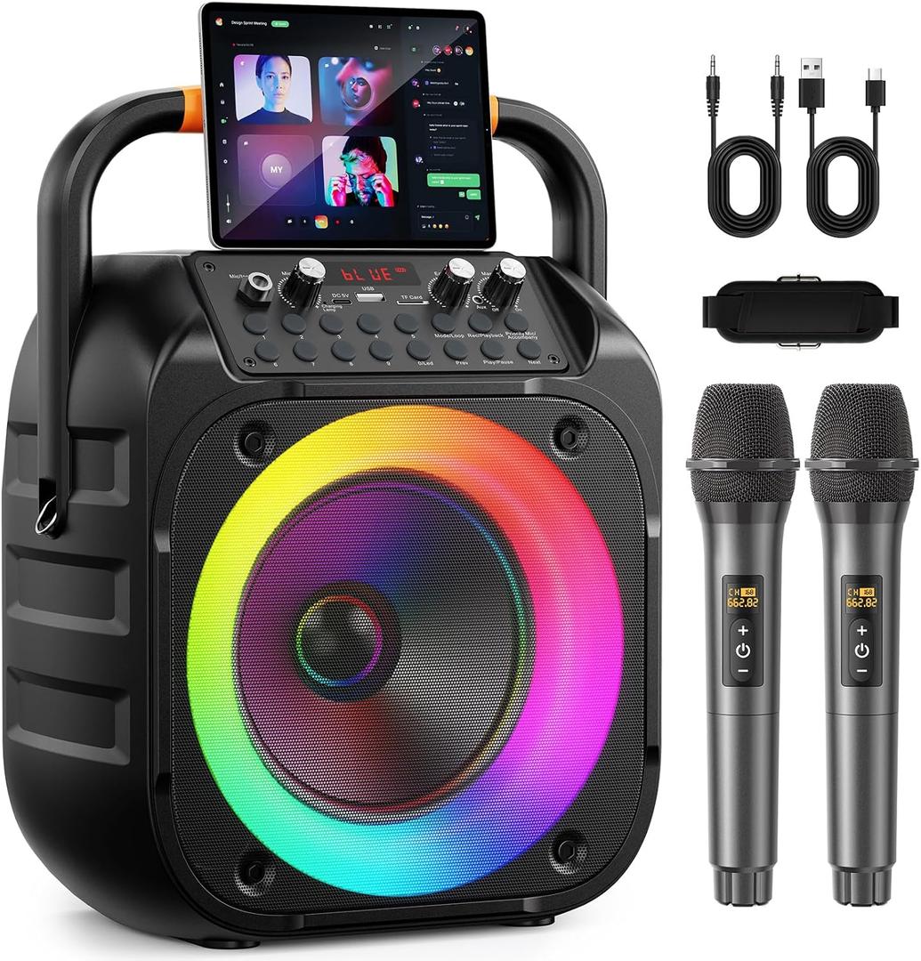 Karaoke Machine for Adults, Portable Bluetooth Karaoke Speaker with 2 Wireless Microphones, Echo Adjustment, LED Lights, PA System with 6.5" Subwoofer, Support TV/AUX/USB/TF Card (Black)