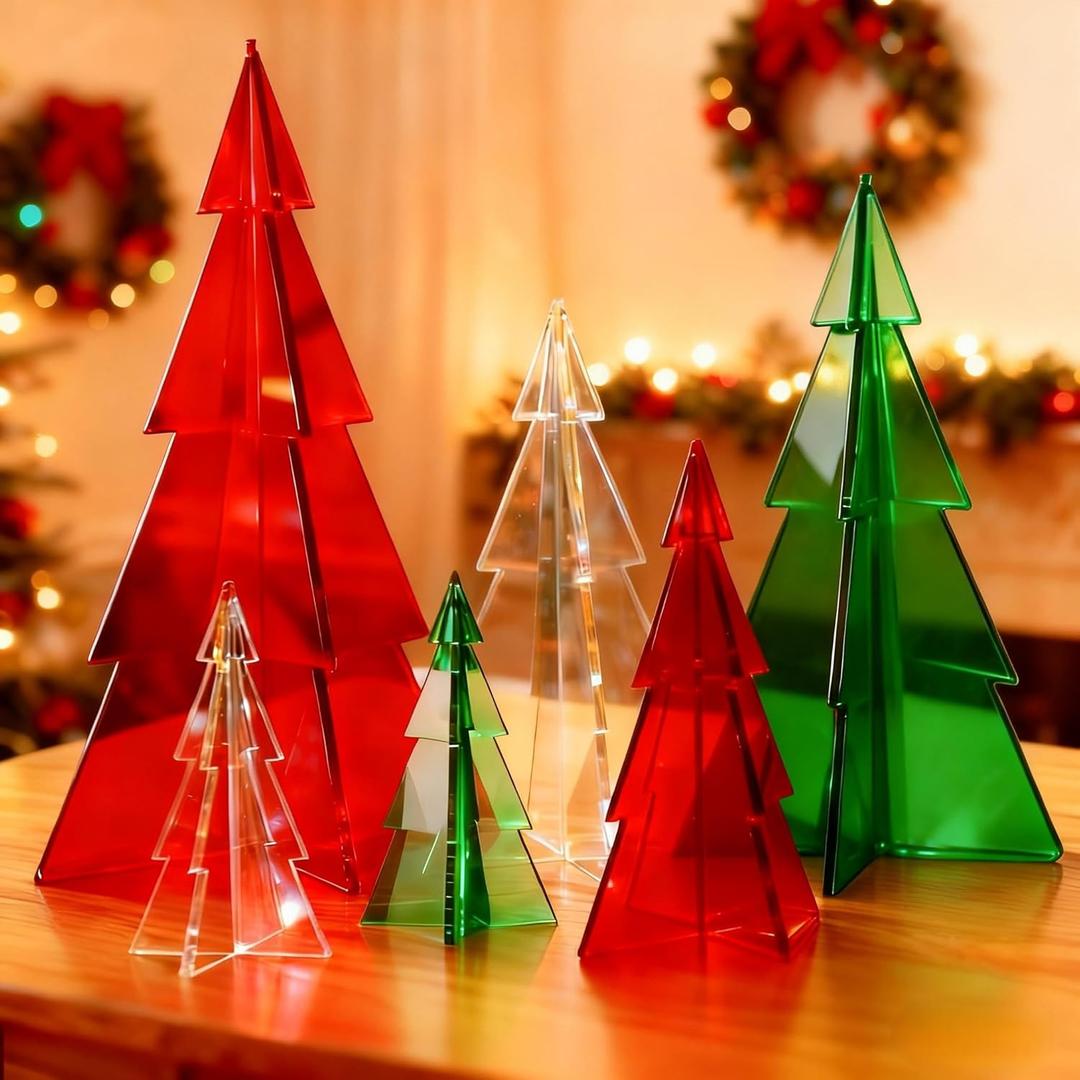 DoubleFill 6 Pcs Acrylic Christmas Tree Centerpieces, 4" to 10" 3D Mini Xmas Tree Tabletop Decoration Christmas Decorations for Office Home Modern Party Winter Decor(Red, Green, Clear)