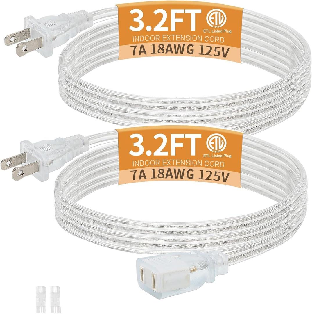 3.2 Feet Clear Extension Cord Indoor Thin with UL-Certified, Short Extension Cord, Invisible Single Plug Power Cable for Halloween Decor, 2 x 18AWG 7A/125V, Male to Female, 2 Pack