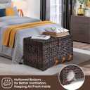 Honjourai Handwoven Storage Basket with Lid, 165L Plastic Rattan Storage Bin, Leather Buckle & Metal Frame, Large Metal Ring Handles, Storage Trunk for Bedroom, Laundry Room