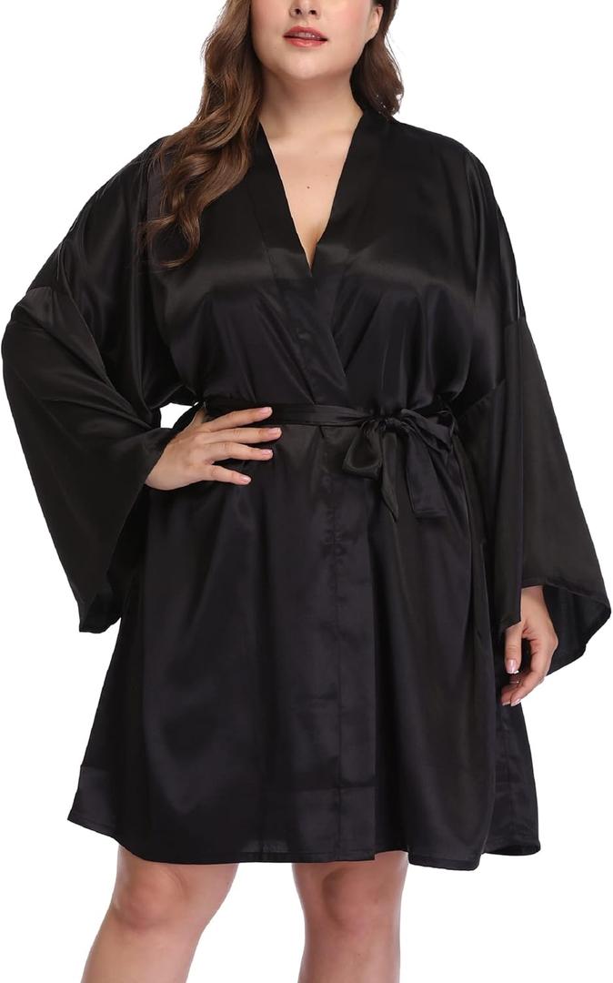 Womens Plus Size Silky Satin Kimono Robes Wedding Party Bridesmaid Sleepwear Bathrobe Dressing Gown (3X, Black)