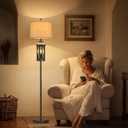 63" Floor Lamps for Living Room Bedside Nightstand Lamp All Black Tall Standing Lamp for Home Decor Bedroom Reading Lamp Farmhouse Rustic Bed Lights with 2 Light Sources (2 Bulbs)