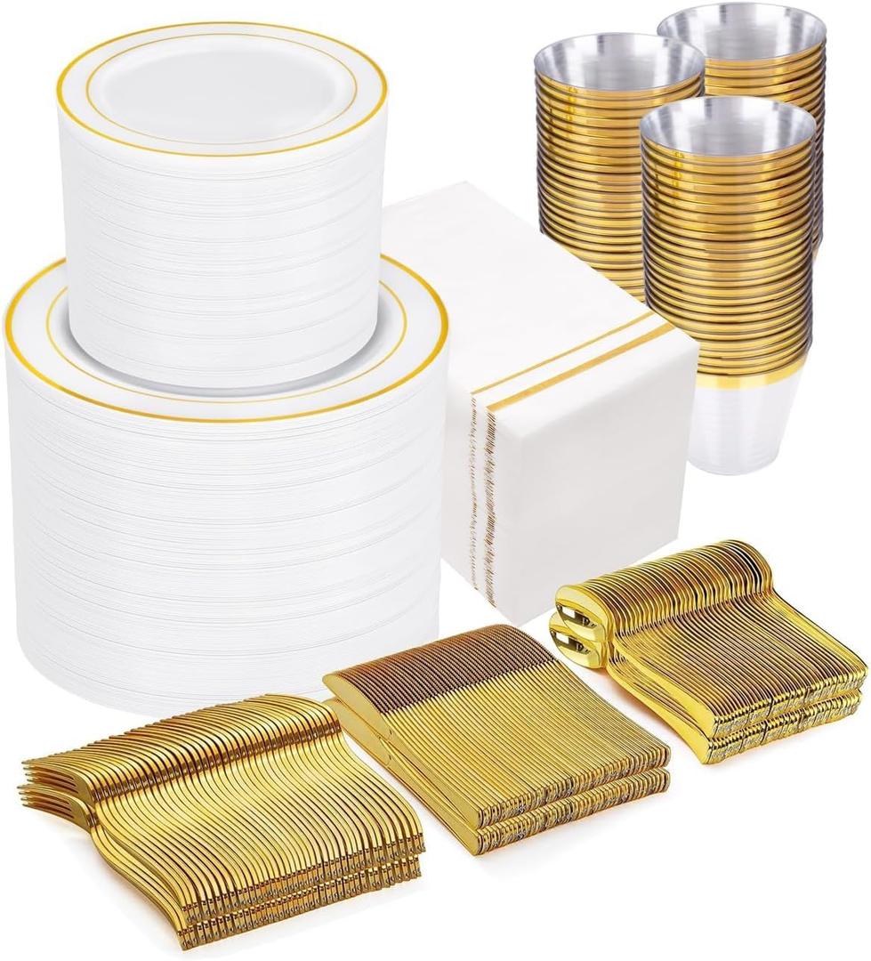 GATHER 700PCS Gold Plastic Plates - Whtie and Gold Disposable Dinnerware Sets 100Guest - 200 Disposable Plate, 300 Plastic Silverware, 100 Cups, 100 Napkins for Wedding & Party