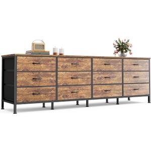 Huuger 70 Inch Dresser for Bedroom, TV Stand for 65, 75, 80 Inch TV, 12 Fabric Drawer Long Dresser, Large Entertainment Center for Bedroom, Wide Chest of Drawer with Storage, Rustic Brown