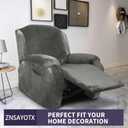 ZNSAYOTX Stretch Velvet Recliner Cover 4-Pieces, Thick Soft Recliner Chair Slipcover with Pocket, Non-Slip Elastic Bottom for Kids Pets, Luxury Plush Reclining Protector Comfy Washable (Grey)