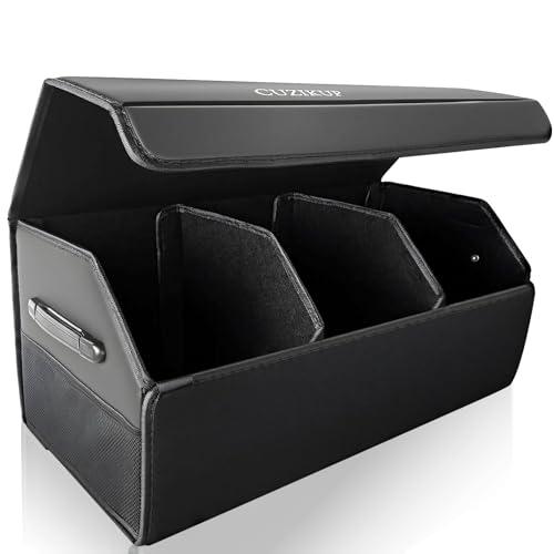 CUZIKUP Car Trunk Organizer for SUV Sedan,Extra Large,Premium PU Leather Foldable Cargo Storage Box with Magnetic Lid,Multi-Compartment Collapsible Trunk Organizers (Black)