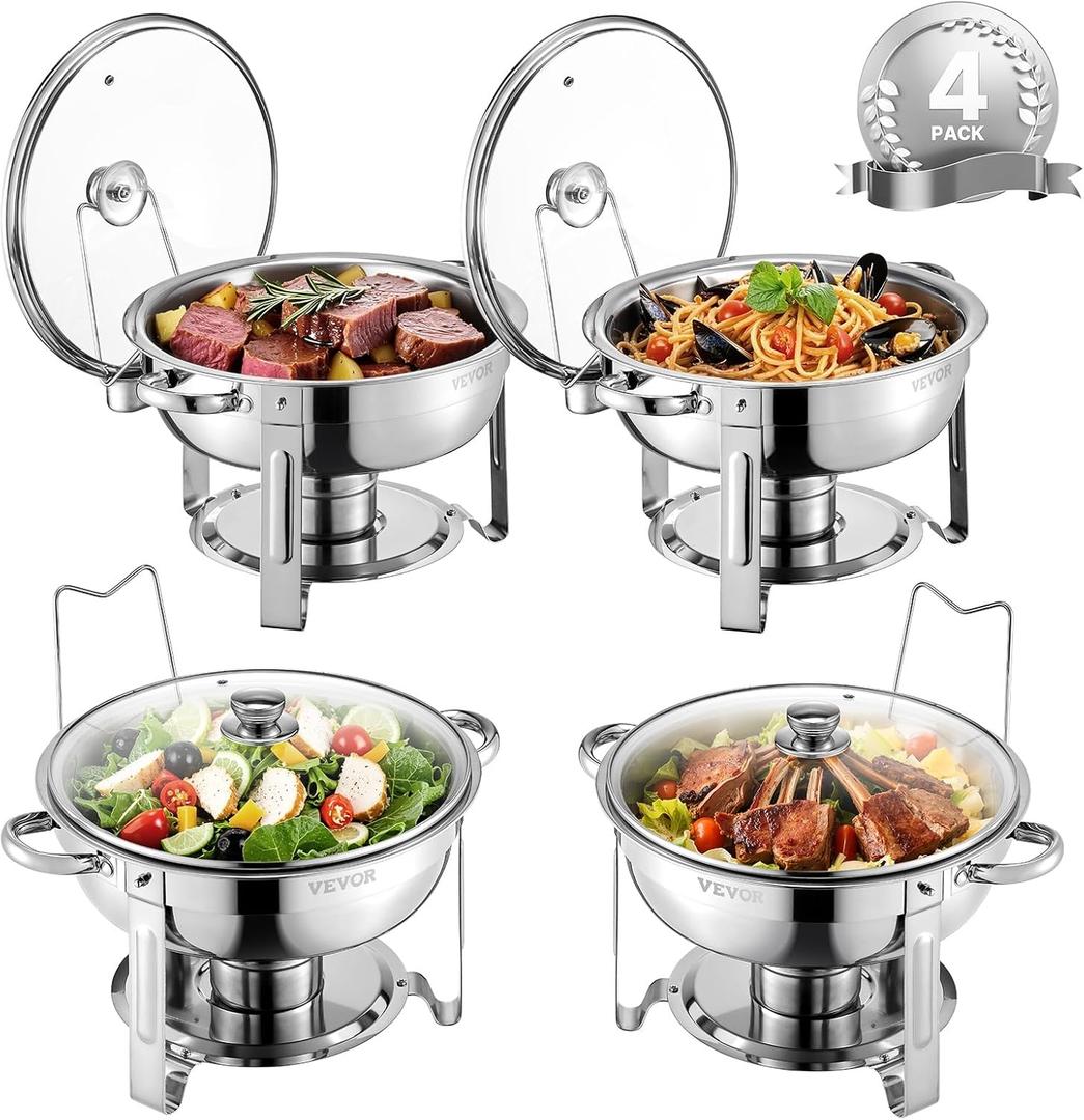 VEVOR Chafing Dish Buffet Set, 5 Qt 4 Pack, Stainless Steel Chafer with 4 Full Size Pan, Round Catering Warmer Server with Glass Lid Water Pan Folding Stand Fuel Holder, for Wedding Party Banquet (Silver)