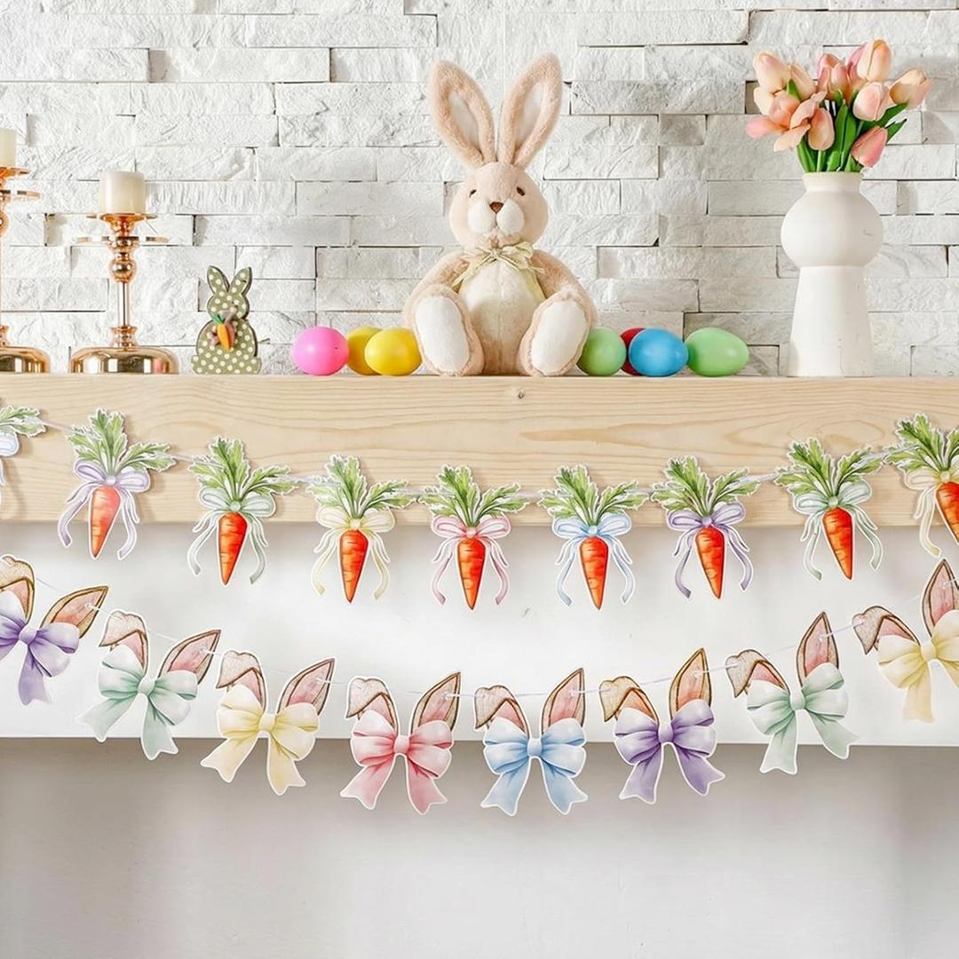 Epakh 2 Pack Easter Garland Decor Bunny and Carrot Garland Pastel Rabbit Carrot Bow Banner Bunting Ornament for Happy Easter Day Mantel Wall Decor Indoor Outdoor Garden Classroom